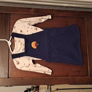 Carter's girls size 12 months navy blue overall dress with matching turkey shirt